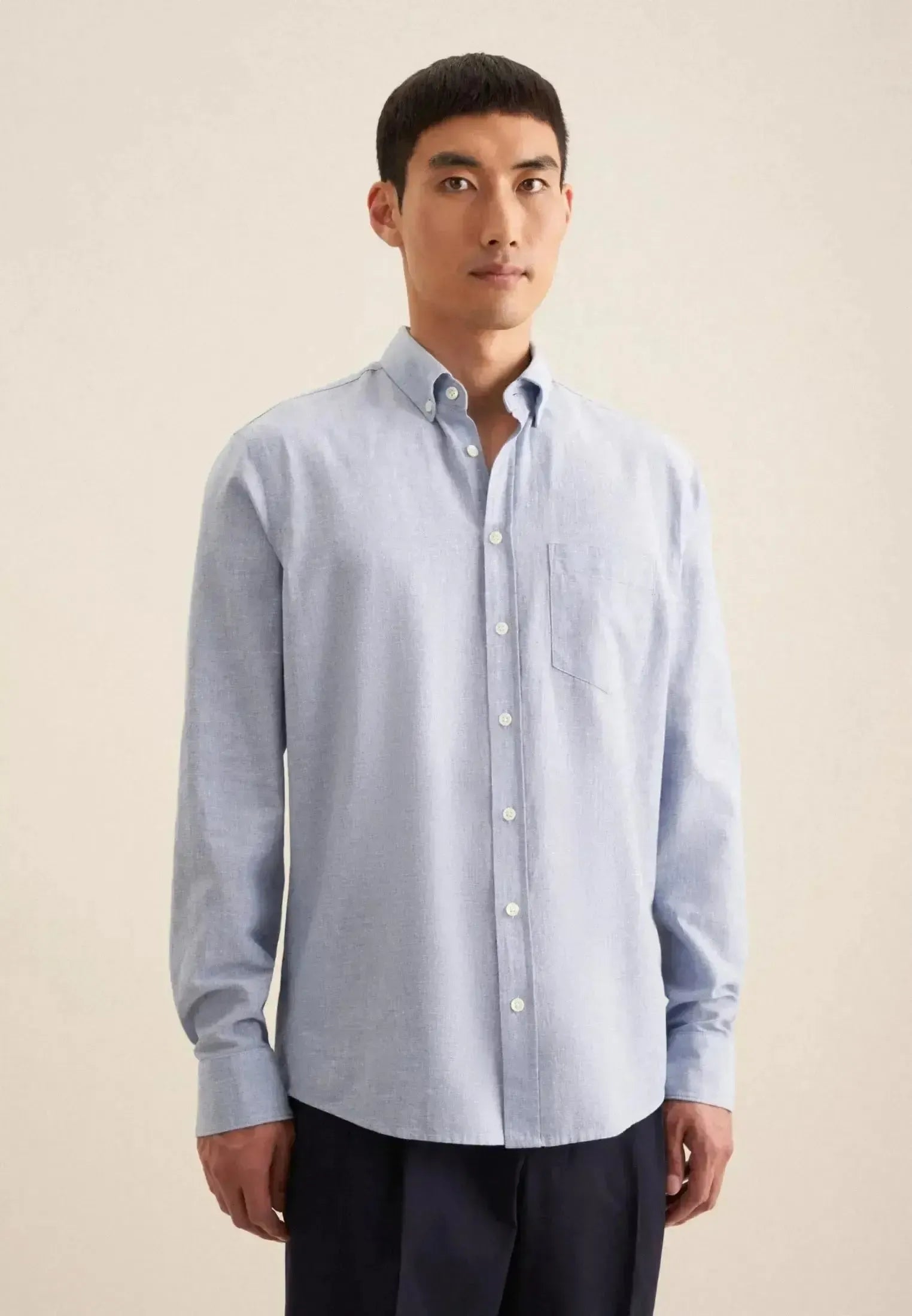 Seidensticker-Seidensticker Regular Fit Button Down Linen Blend Chambray Shirt Light Blue-NORTHERN THREADS DESIGNER MENSWEAR