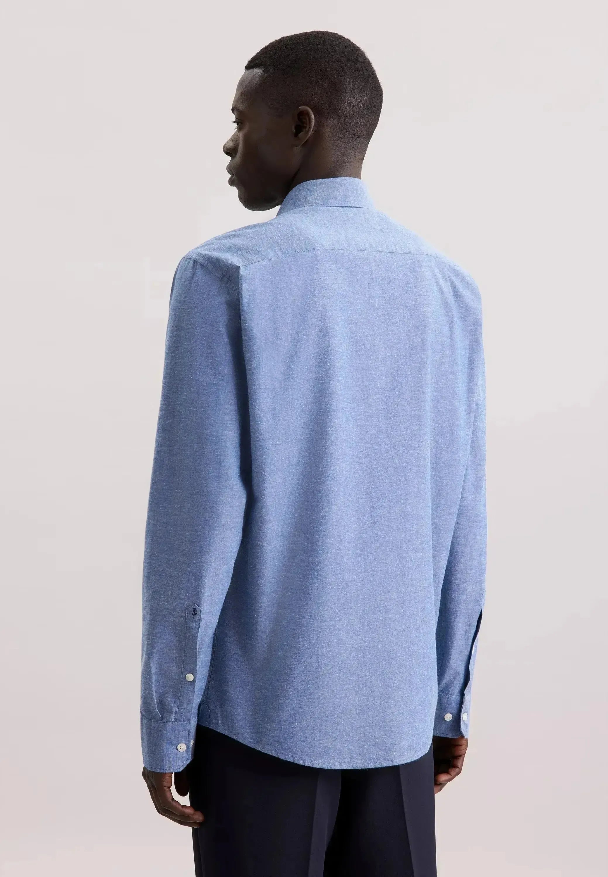 Seidensticker-Seidensticker Regular Fit Button Down Linen Blend Chambray Shirt Mid Blue-NORTHERN THREADS DESIGNER MENSWEAR