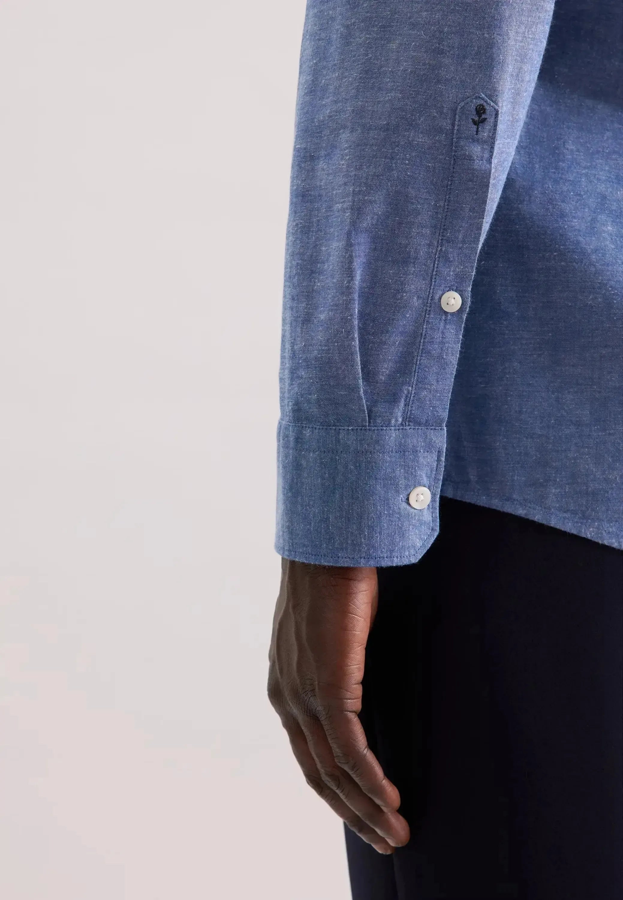 Seidensticker-Seidensticker Regular Fit Button Down Linen Blend Chambray Shirt Mid Blue-NORTHERN THREADS DESIGNER MENSWEAR