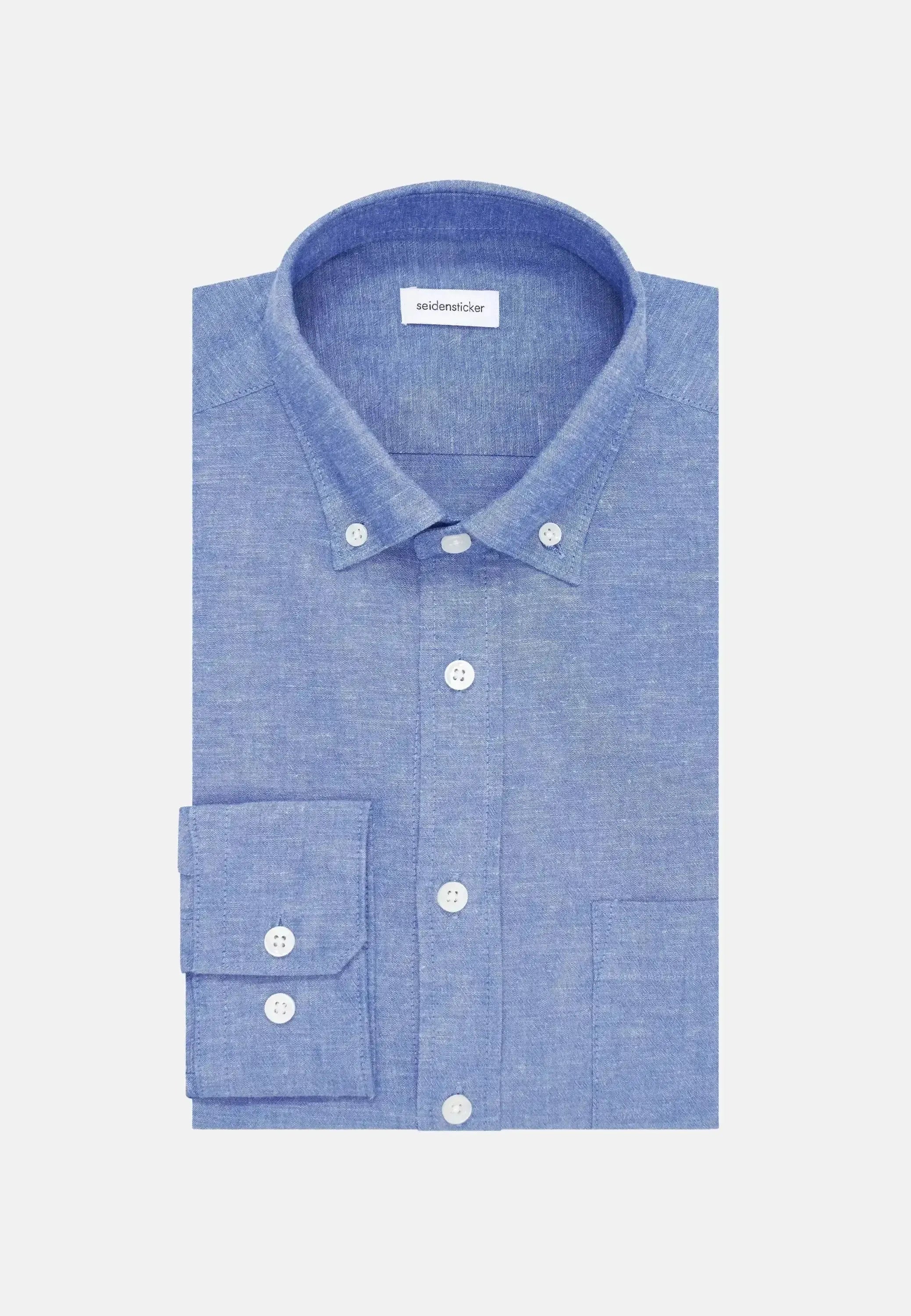 Seidensticker-Seidensticker Regular Fit Button Down Linen Blend Chambray Shirt Mid Blue-NORTHERN THREADS DESIGNER MENSWEAR