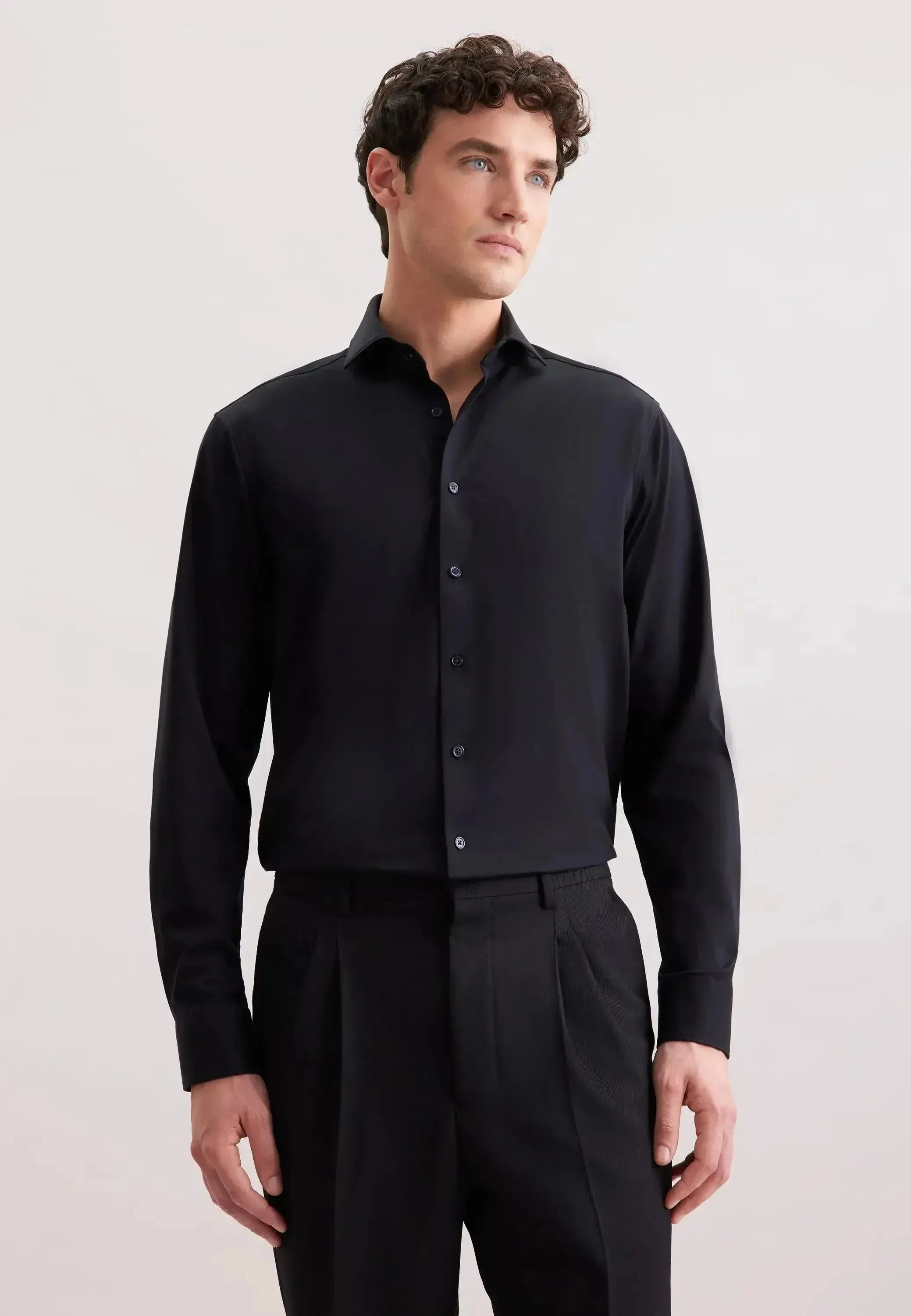 Seidensticker-Seidensticker Regular Fit Kent Collar Jersey Shirt Black-NORTHERN THREADS DESIGNER MENSWEAR