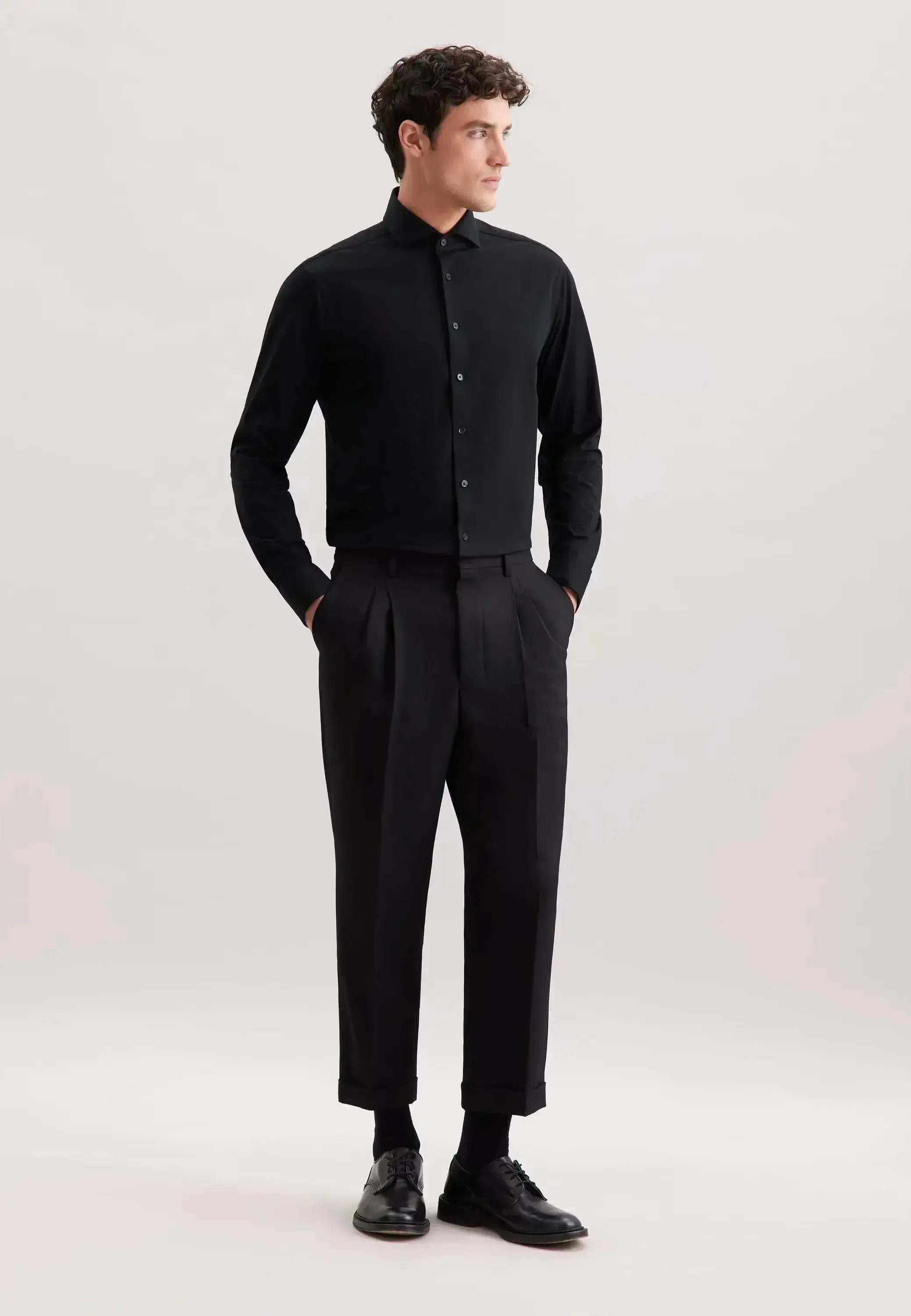 Seidensticker-Seidensticker Regular Fit Kent Collar Jersey Shirt Black-NORTHERN THREADS DESIGNER MENSWEAR