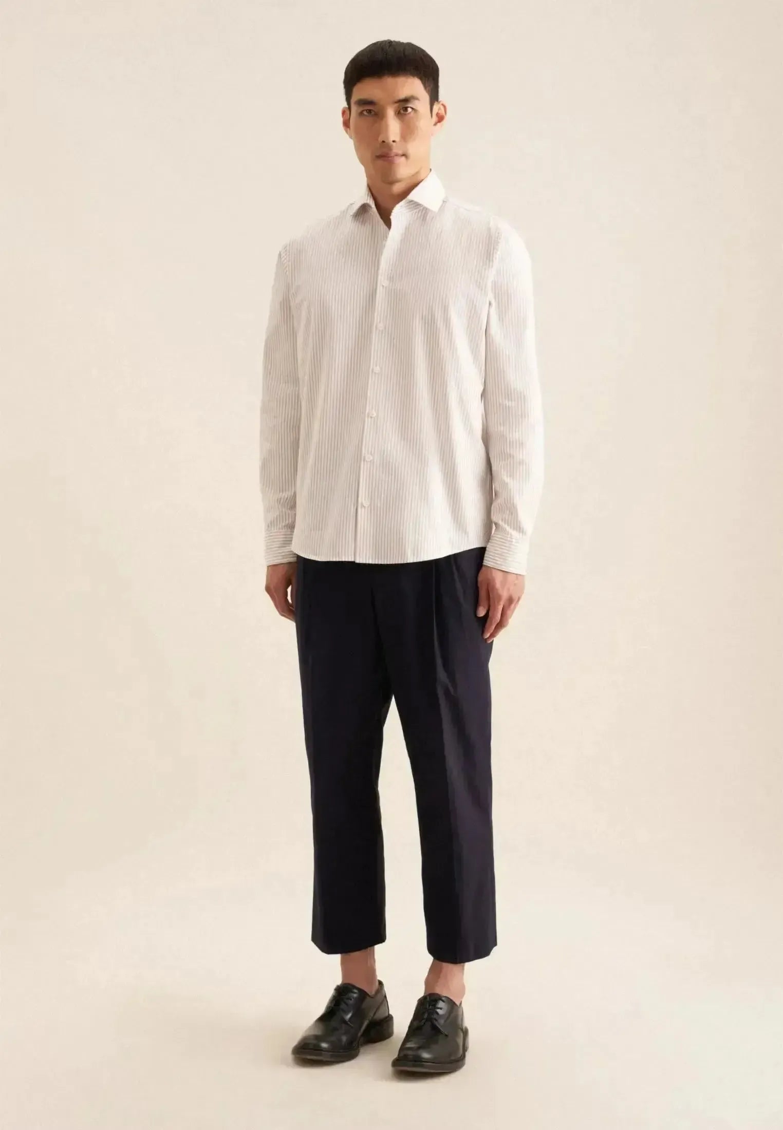 Seidensticker-Seidensticker Regular Fit Spread Kent Striped Casual Shirt Beige-NORTHERN THREADS DESIGNER MENSWEAR