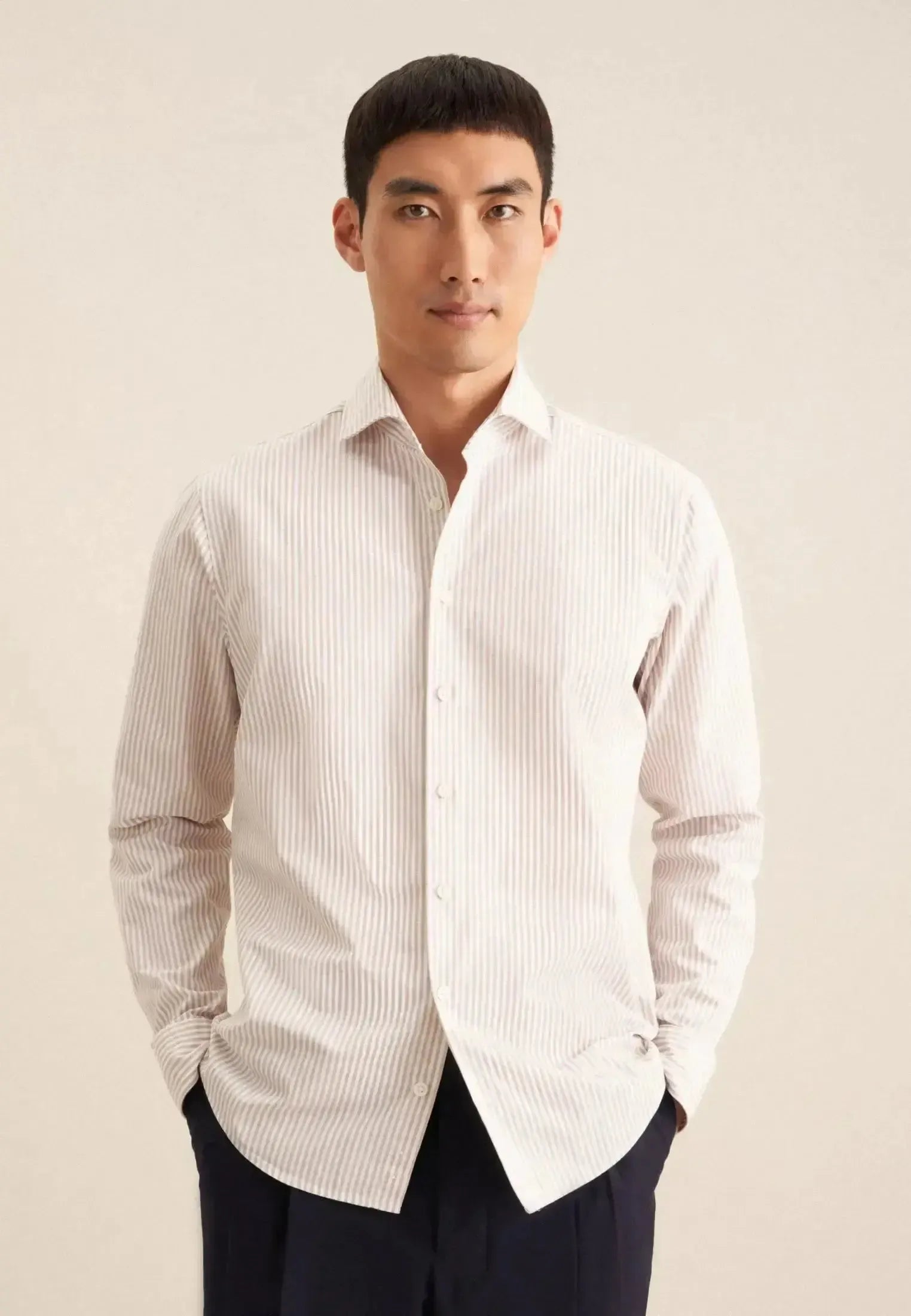 Seidensticker-Seidensticker Regular Fit Spread Kent Striped Casual Shirt Beige-NORTHERN THREADS DESIGNER MENSWEAR