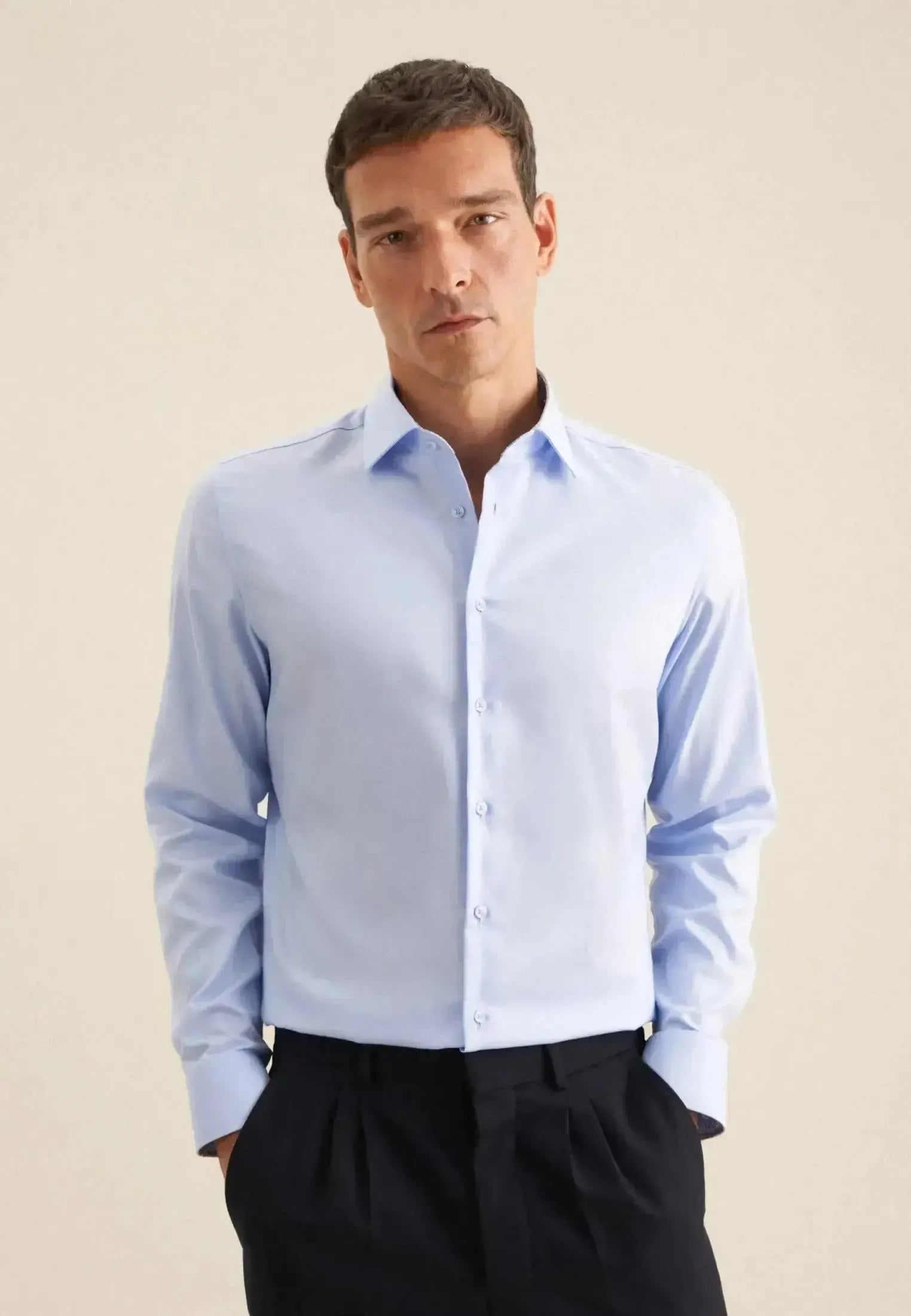 Seidensticker-Seidensticker Slim Fit Easy Iron Business Kent Contrast Patch Business Shirt Light Blue-NORTHERN THREADS DESIGNER MENSWEAR