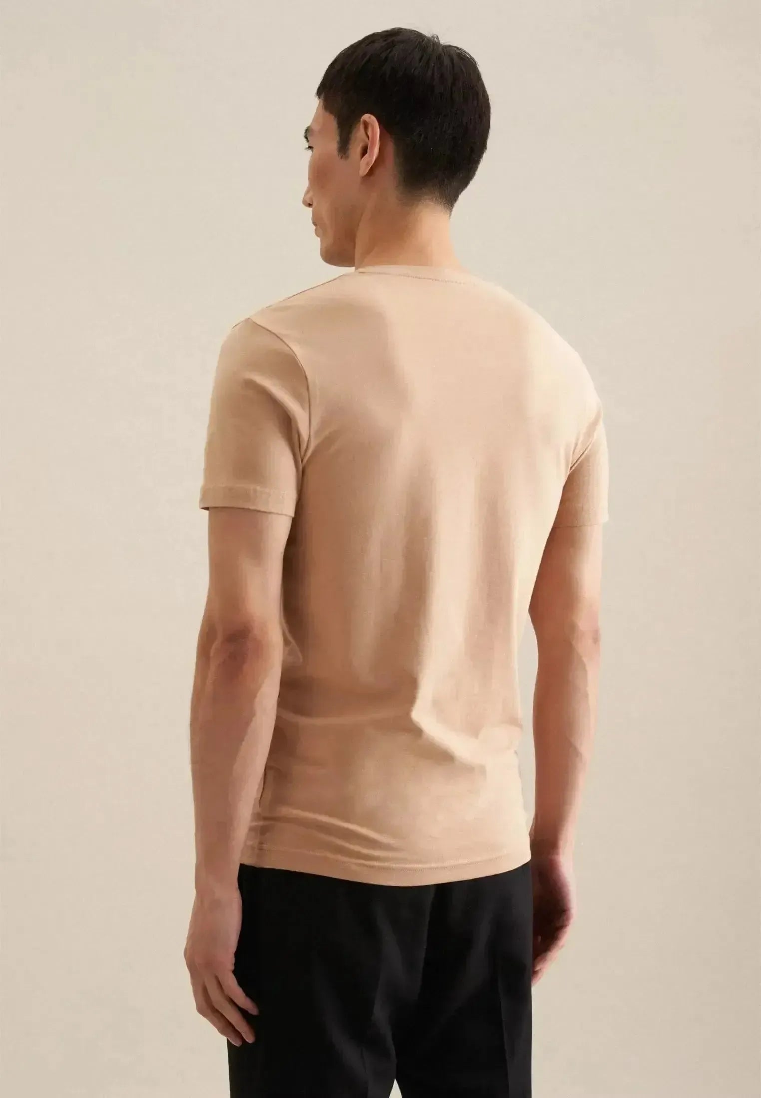 Seidensticker-Seidensticker Stretch Cotton V-Neck T-Shirt Dark Beige-NORTHERN THREADS DESIGNER MENSWEAR