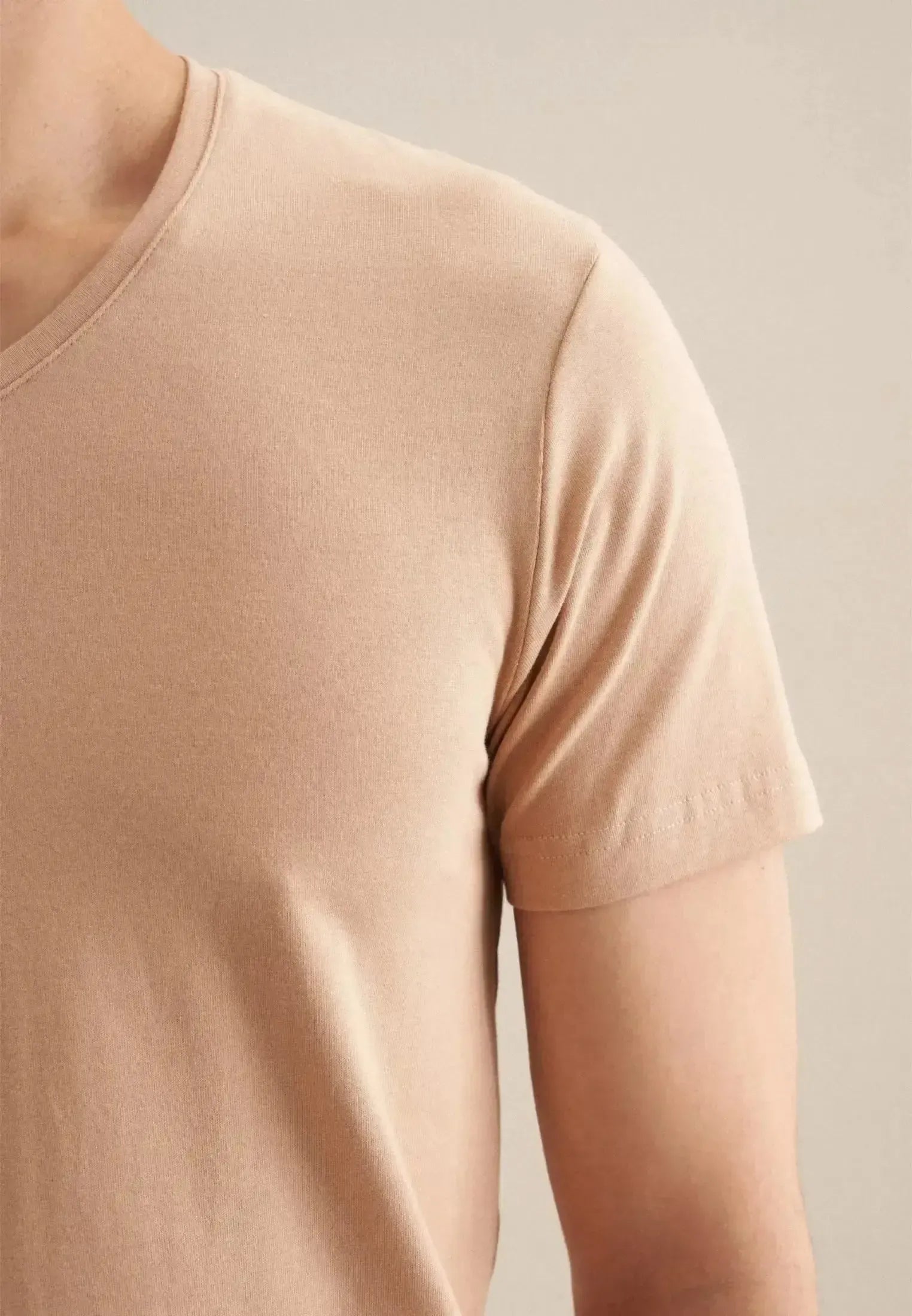 Seidensticker-Seidensticker Stretch Cotton V-Neck T-Shirt Dark Beige-NORTHERN THREADS DESIGNER MENSWEAR