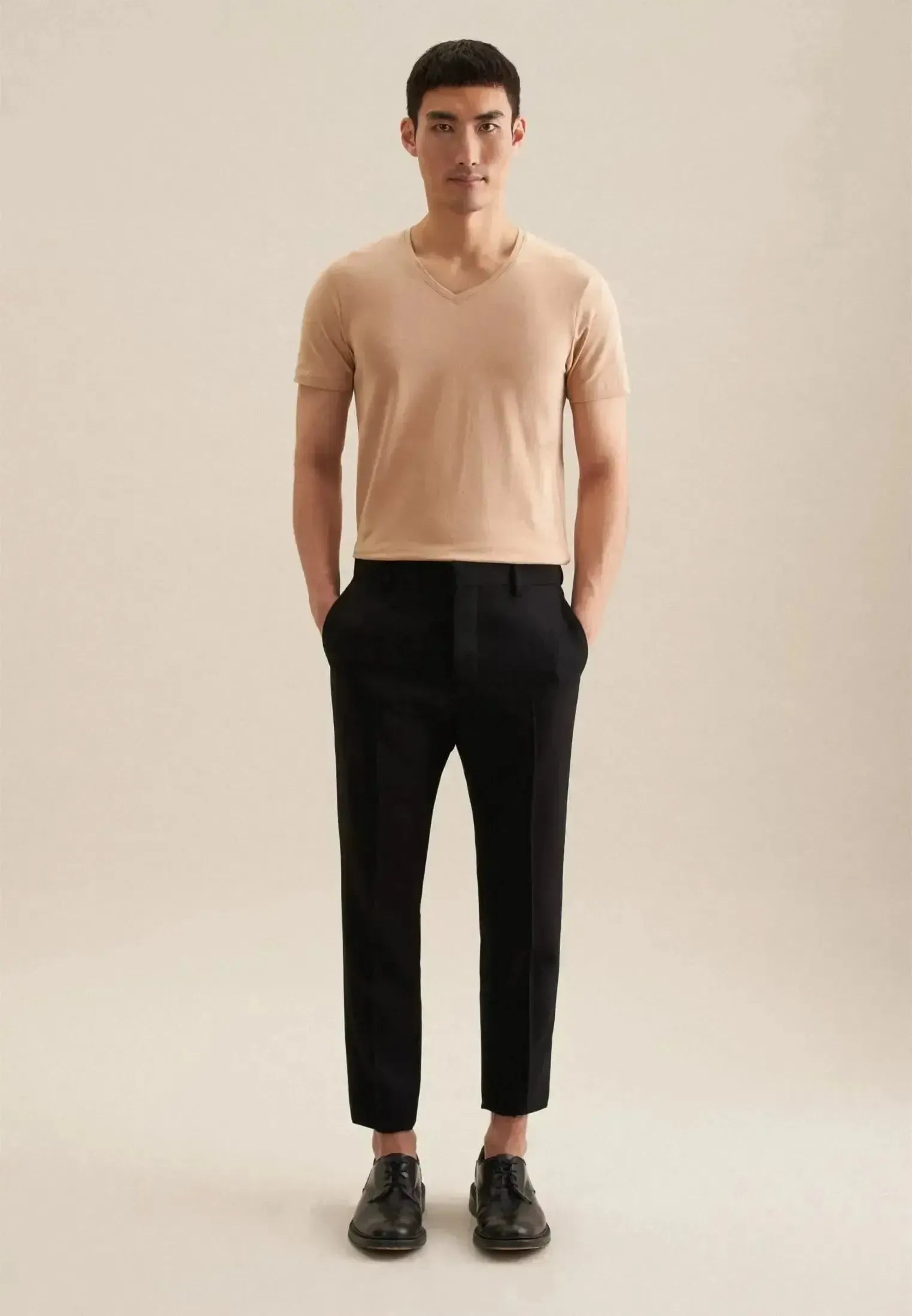 Seidensticker-Seidensticker Stretch Cotton V-Neck T-Shirt Dark Beige-NORTHERN THREADS DESIGNER MENSWEAR