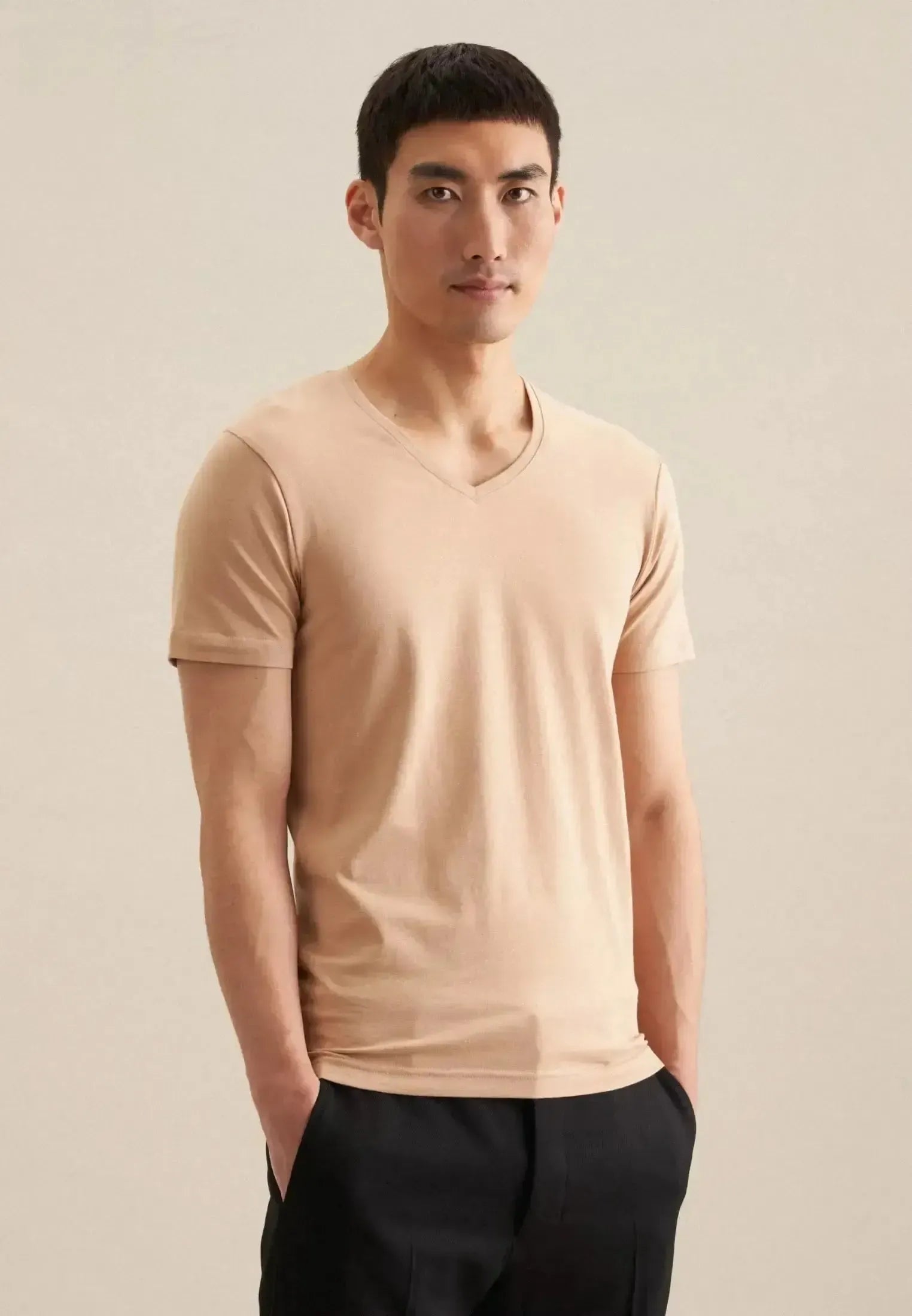 Seidensticker-Seidensticker Stretch Cotton V-Neck T-Shirt Dark Beige-NORTHERN THREADS DESIGNER MENSWEAR