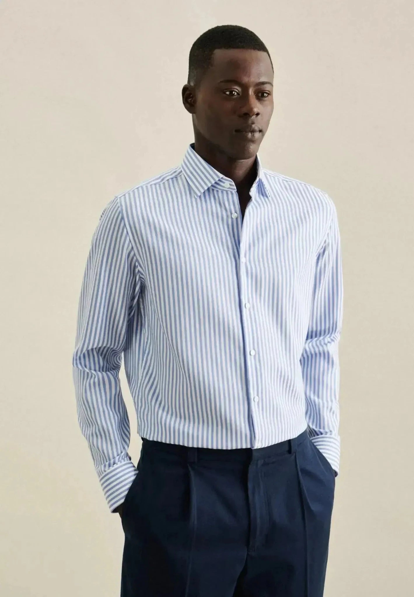 Seidensticker Shaped Fit No Iron New Kent Striped Business Shirt Light Blue - northern threads
