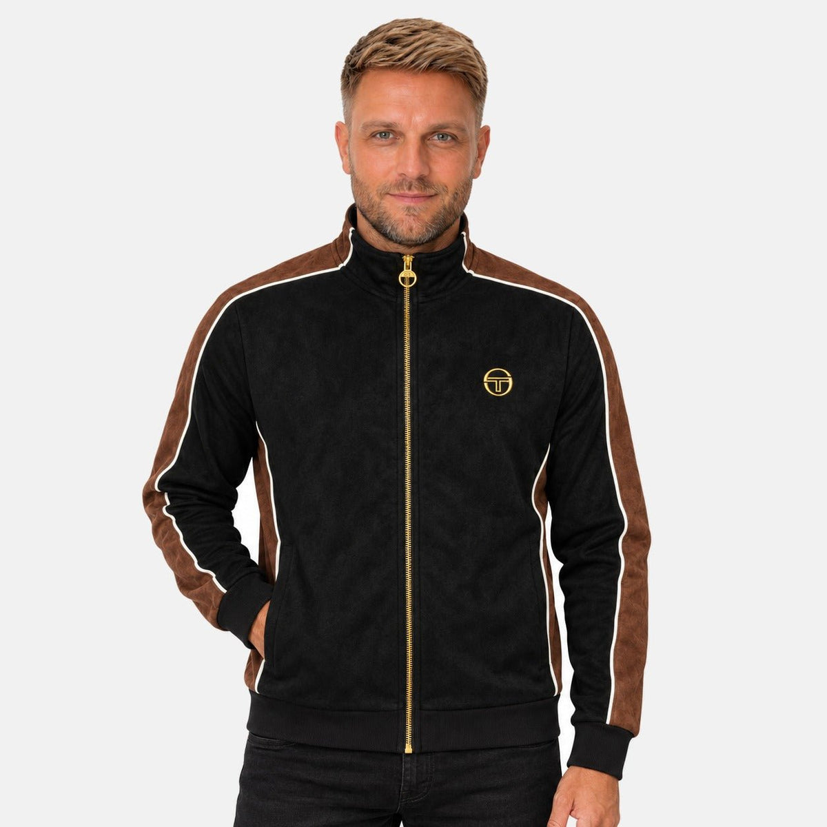 Sergio Tacchini Contrasto Suede Track Top Jacket Black/Potting Soil/Gardenia | Northern Threads Designer Menswear