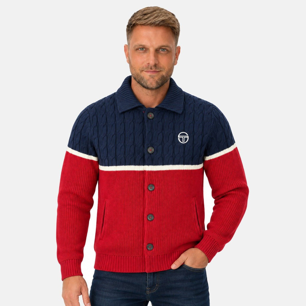 Sergio Tacchini Corte Knitted Cardigan Maritime Blue/Gardenia/Merlot | Northern Threads Designer Menswear