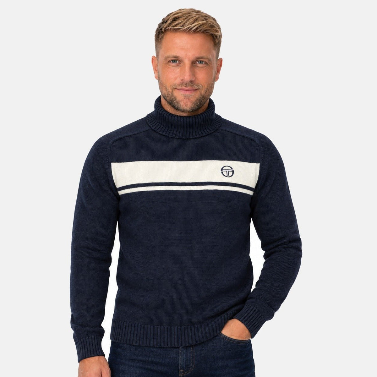Sergio Tacchini Damarindo Knitted Turtle Neck Jumper Gardenia/Maritime Blue | Northern Threads Designer Menswear