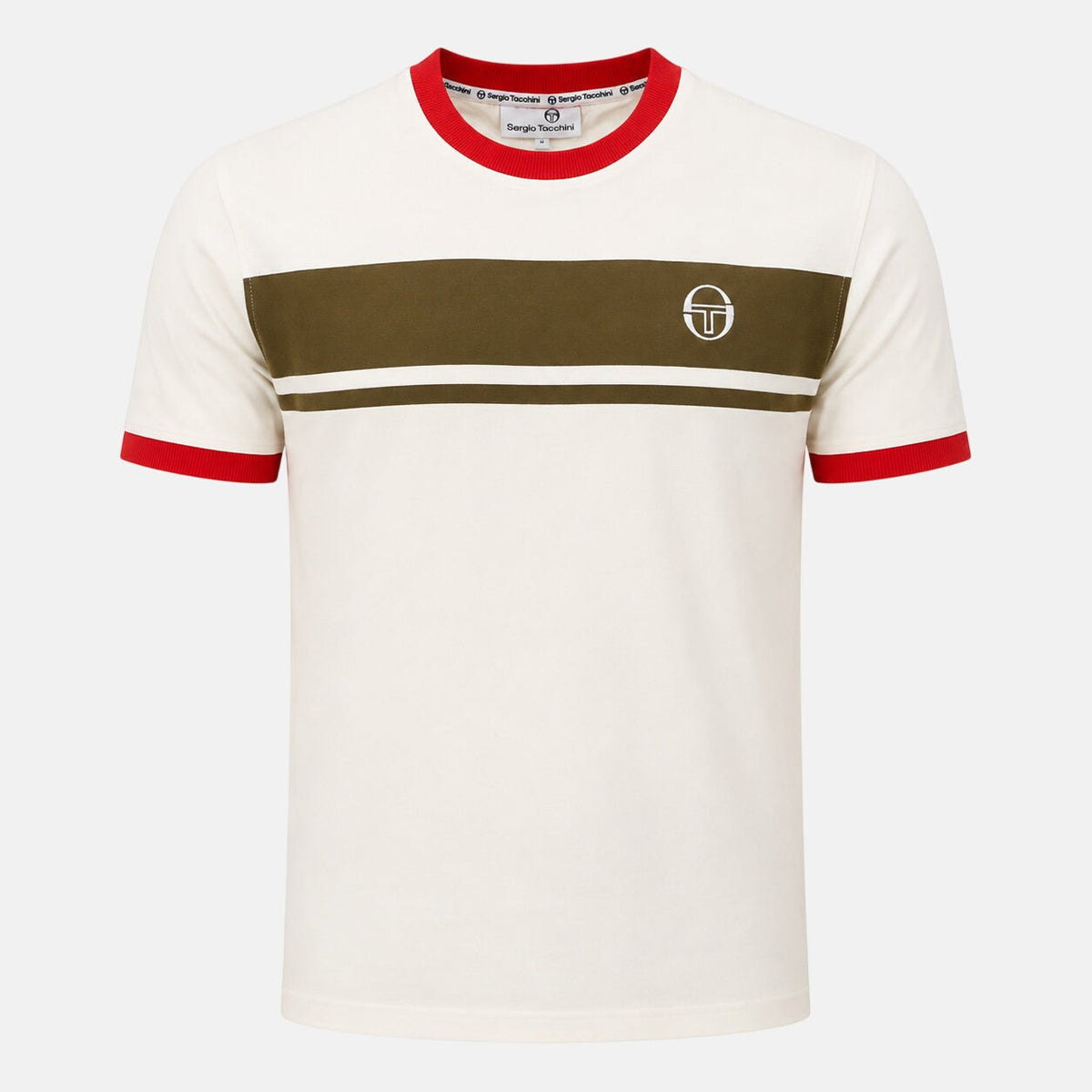 Sergio Tacchini Master Crew Neck T-Shirt Gardenia/Dark Olive/Adrenaline Rush | Northern Threads Designer Menswear