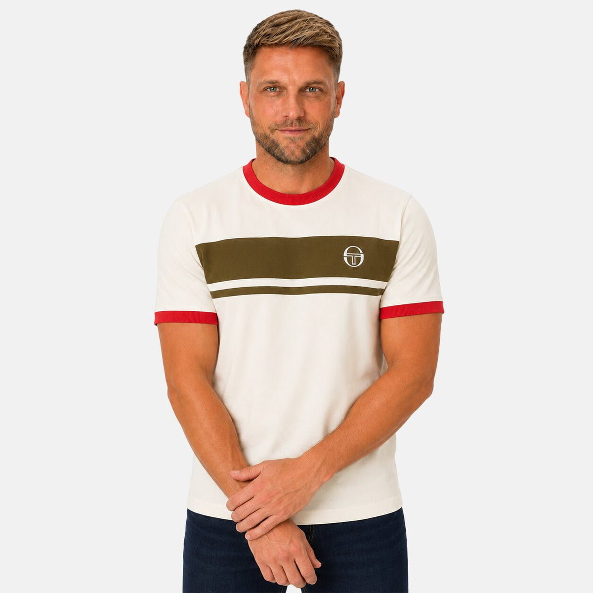 Sergio Tacchini Master Crew Neck T-Shirt Gardenia/Dark Olive/Adrenaline Rush | Northern Threads Designer Menswear