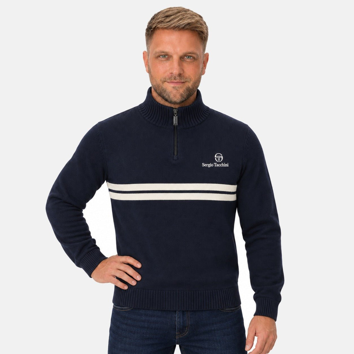Sergio Tacchini New Dallas 1/4 Zip Knitted Jumper Maritime Blue/Peyote | Northern Threads Designer Menswear
