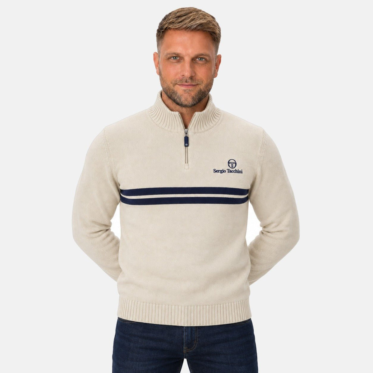 Sergio Tacchini New Dallas 1/4 Zip Knitted Jumper Peyote/Maritime Blue | Northern Threads Designer Menswear