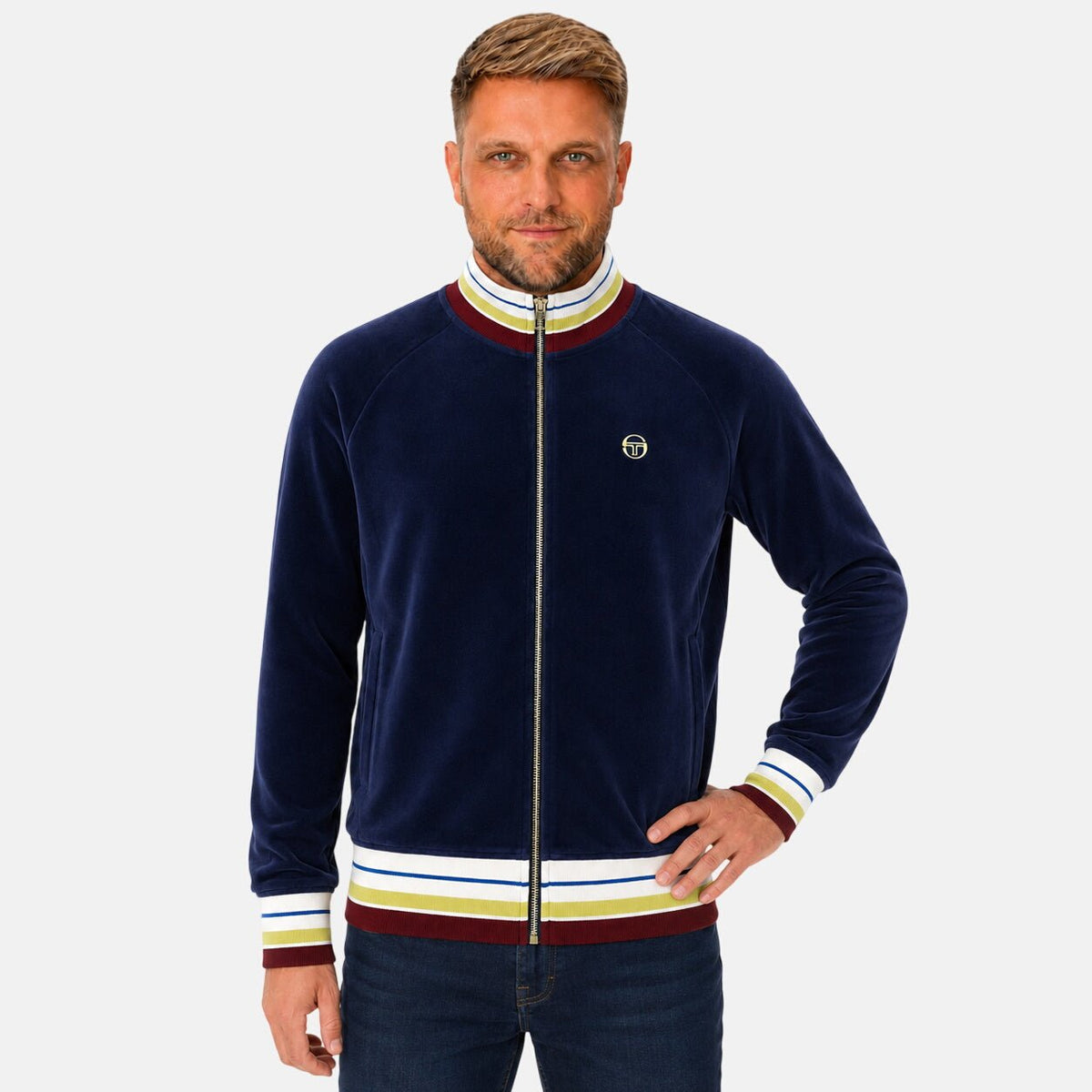 Sergio Tacchini Sartori Velour Track Top Jacket Maritime Blue | Northern Threads Designer Menswear