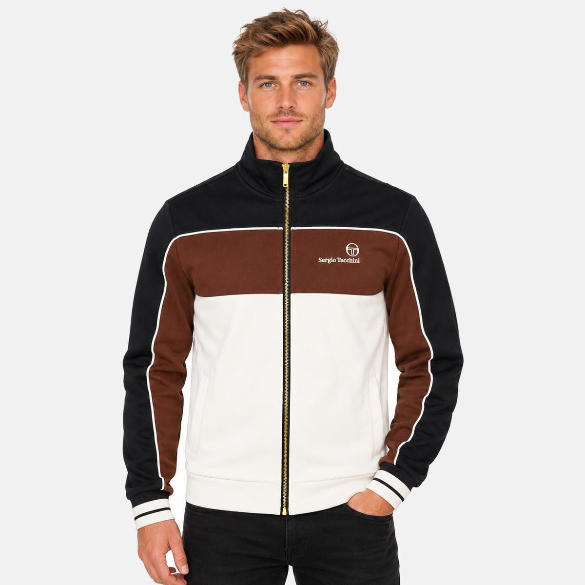 Sergio Tacchini Spiga Track Top Jacket Black/Potting Soil/Gardenia | Northern Threads Designer Menswear