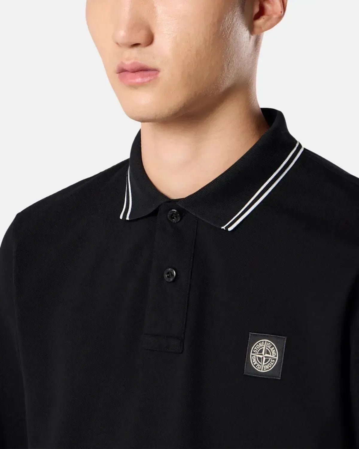 STONE ISLAND 2200006 ORGANIC STRETCH COTTON TIPPED SLIM FIT LONG SLEEVE POLO SHIRT BLACK - STONE-ISLAND-K2S152200006-S0018-V0029-S - northern threads uk