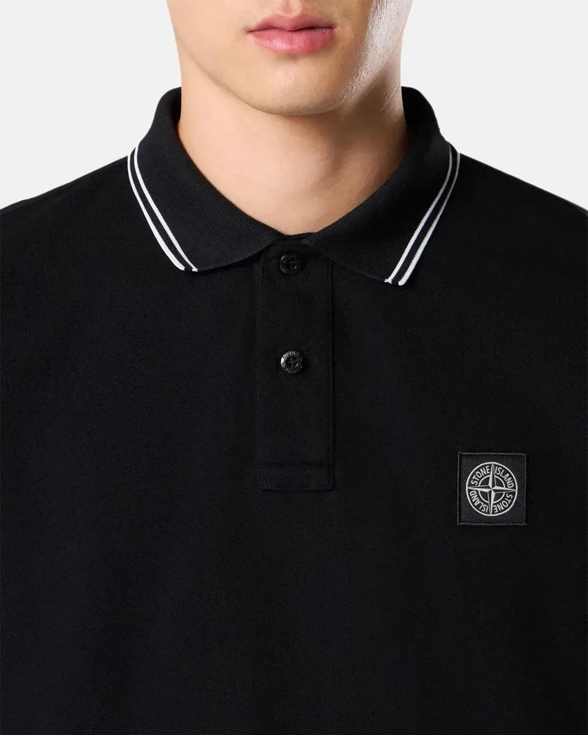 STONE ISLAND 2200006 ORGANIC STRETCH COTTON TIPPED SLIM FIT LONG SLEEVE POLO SHIRT BLACK - STONE-ISLAND-K2S152200006-S0018-V0029-S - northern threads uk