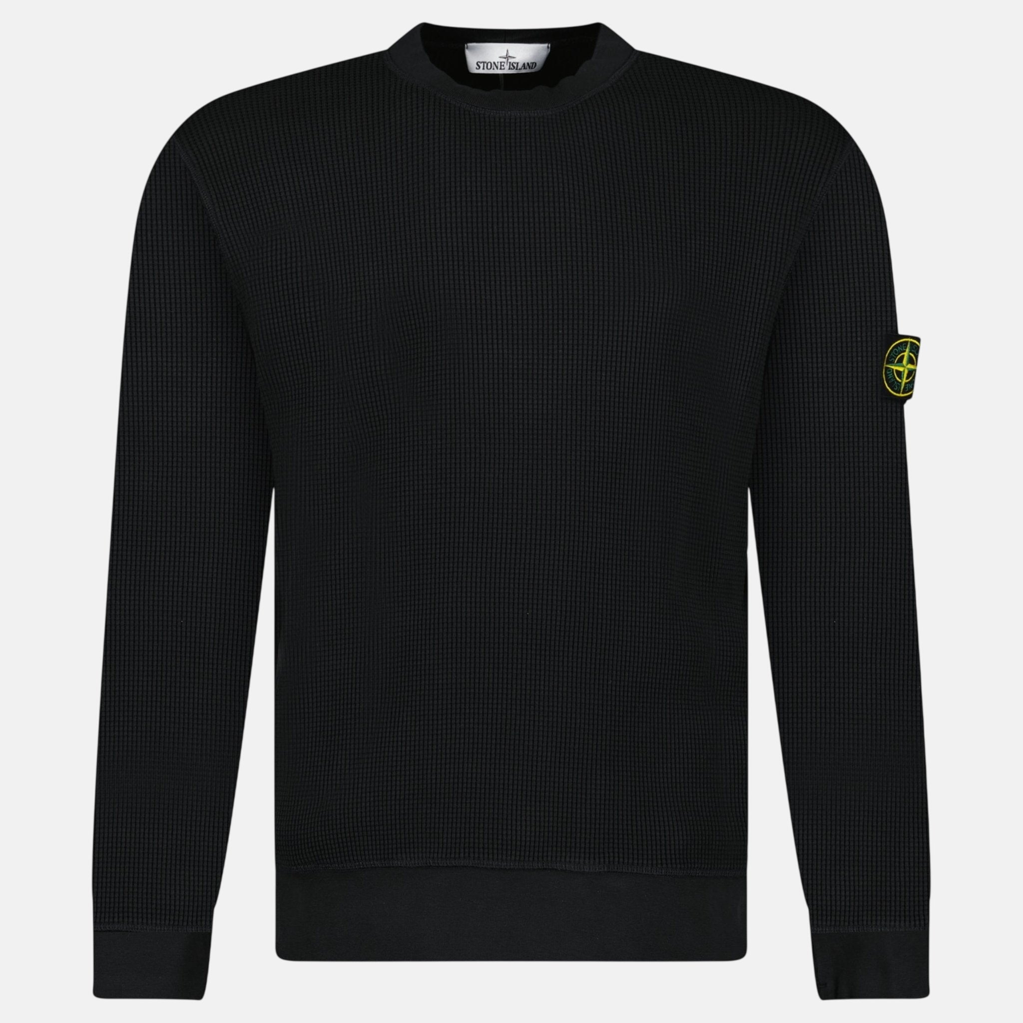 Stone Island Organic Cotton Waffle Fleece Crewneck Sweatshirt Black - G13 - northern threads uk