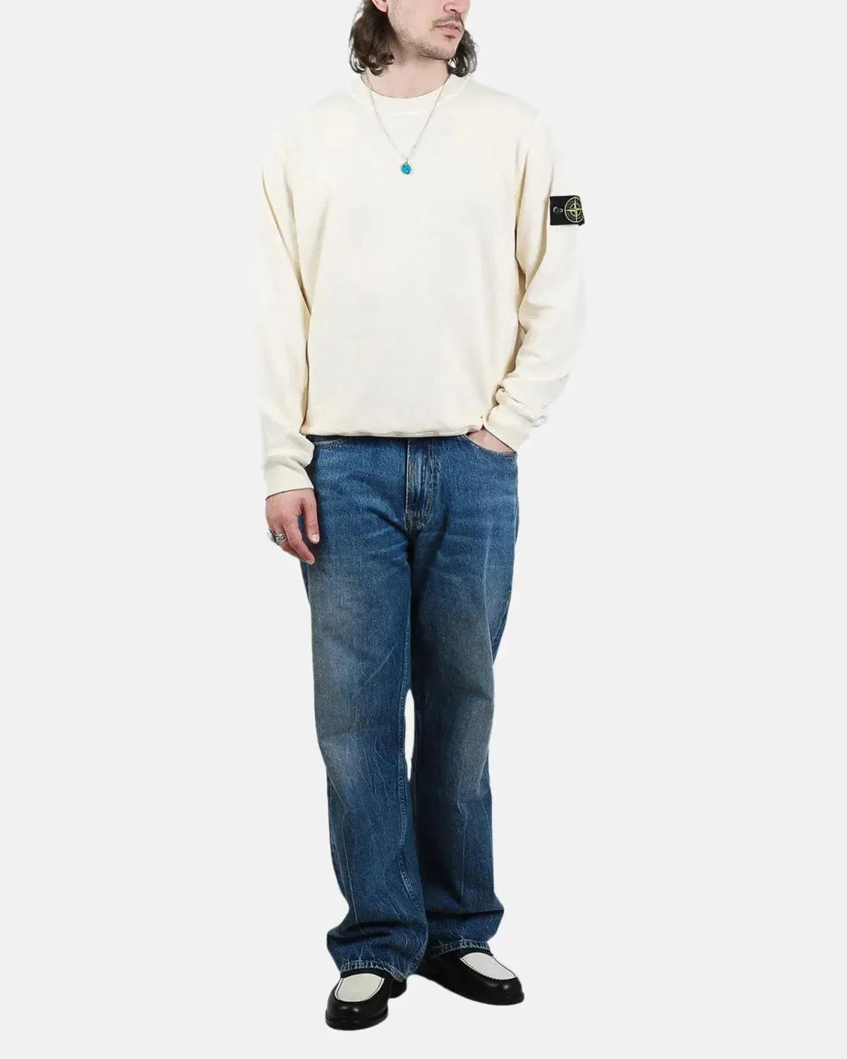 STONE ISLAND-STONE ISLAND 6100044 ORGANIC COTTON FLEECE SWEATSHIRT NATURAL-NORTHERN THREADS DESIGNER MENSWEAR