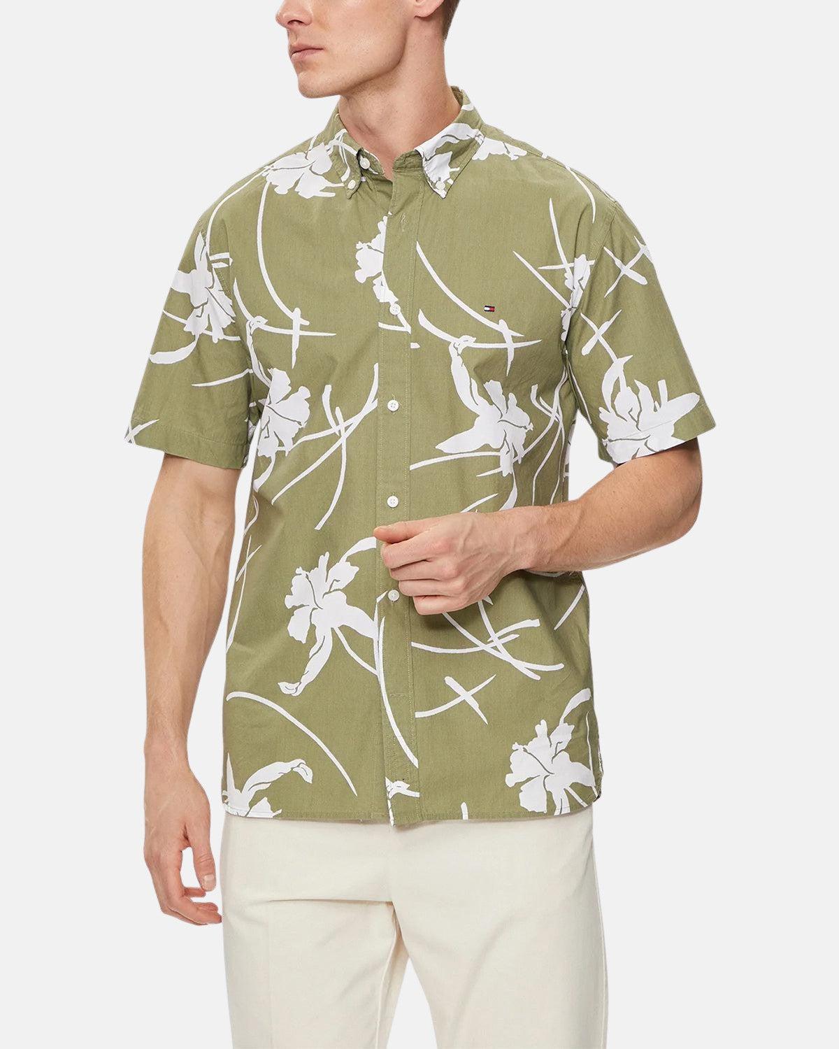 TOMMY HILFIGER TJ TROPICAL PRINT SHIRT FADED OLIVE - northern threads
