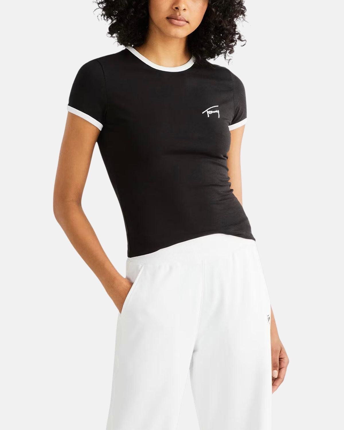 TOMMY HILFIGER WOMENS TJ SCRIPT RINGER T - SHIRT BLACK - northern threads